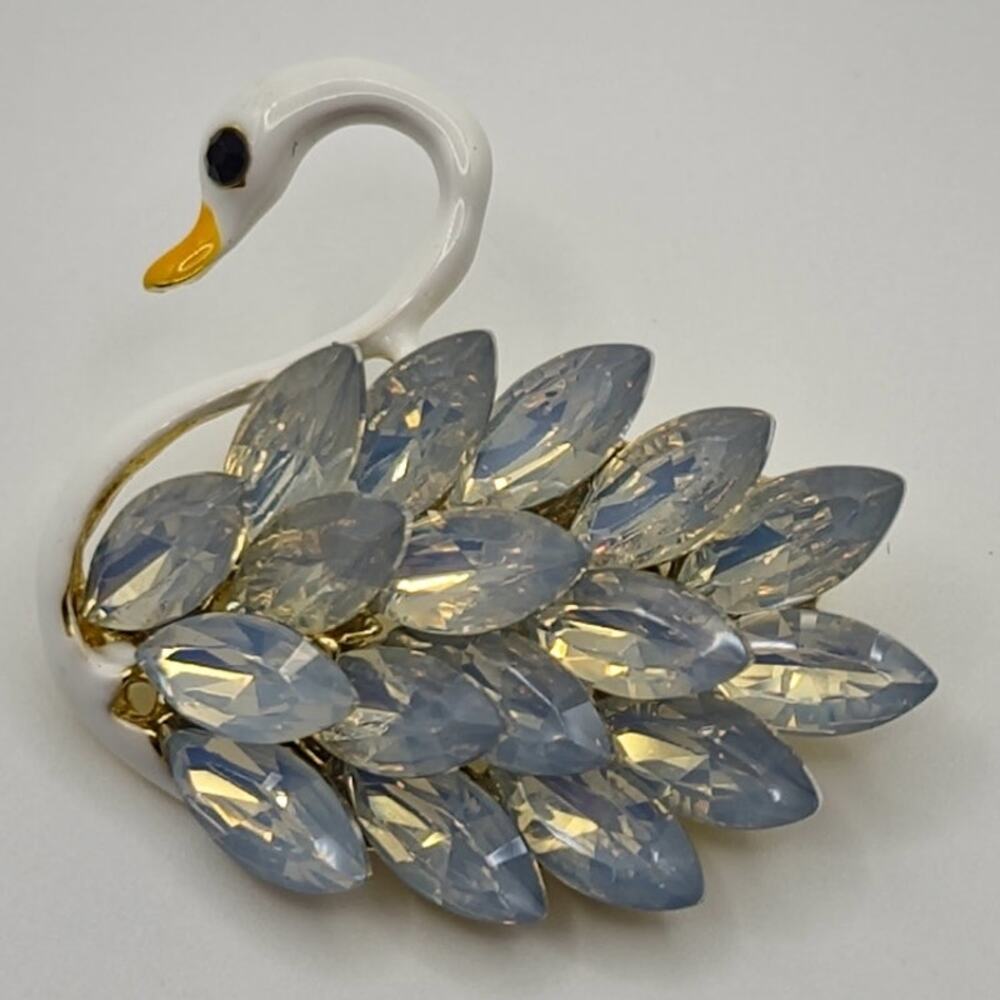 Swan Brooch White Enamel with Faux Jewel Ice Blue-Tinged Clear Body